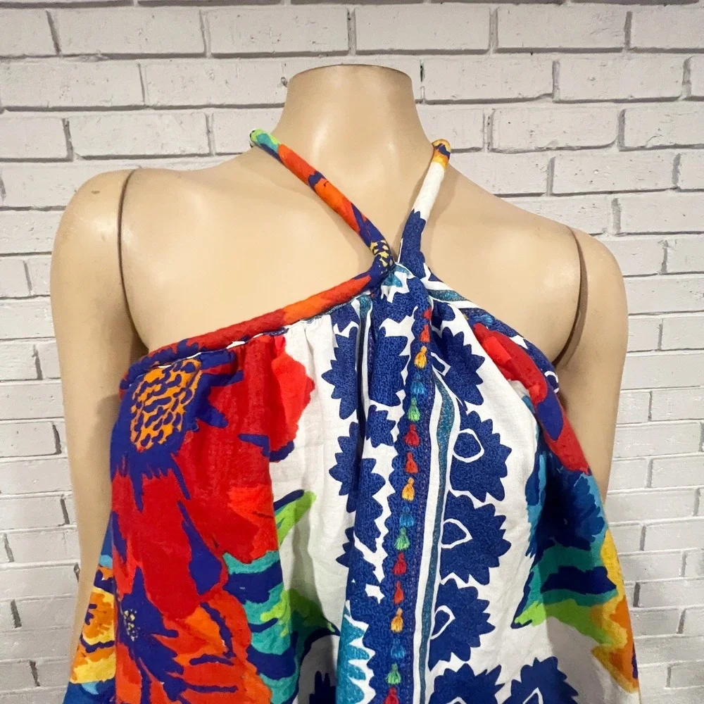 Farm Rio Tapestry Blue Red Mixed Floral Tile Print Halter Top Open Back | M - Picture 6 of 11